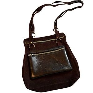 Vtg 90s BOHO Brown Suede Leather Small Satchel Bag Purse Double Straps Bronze
